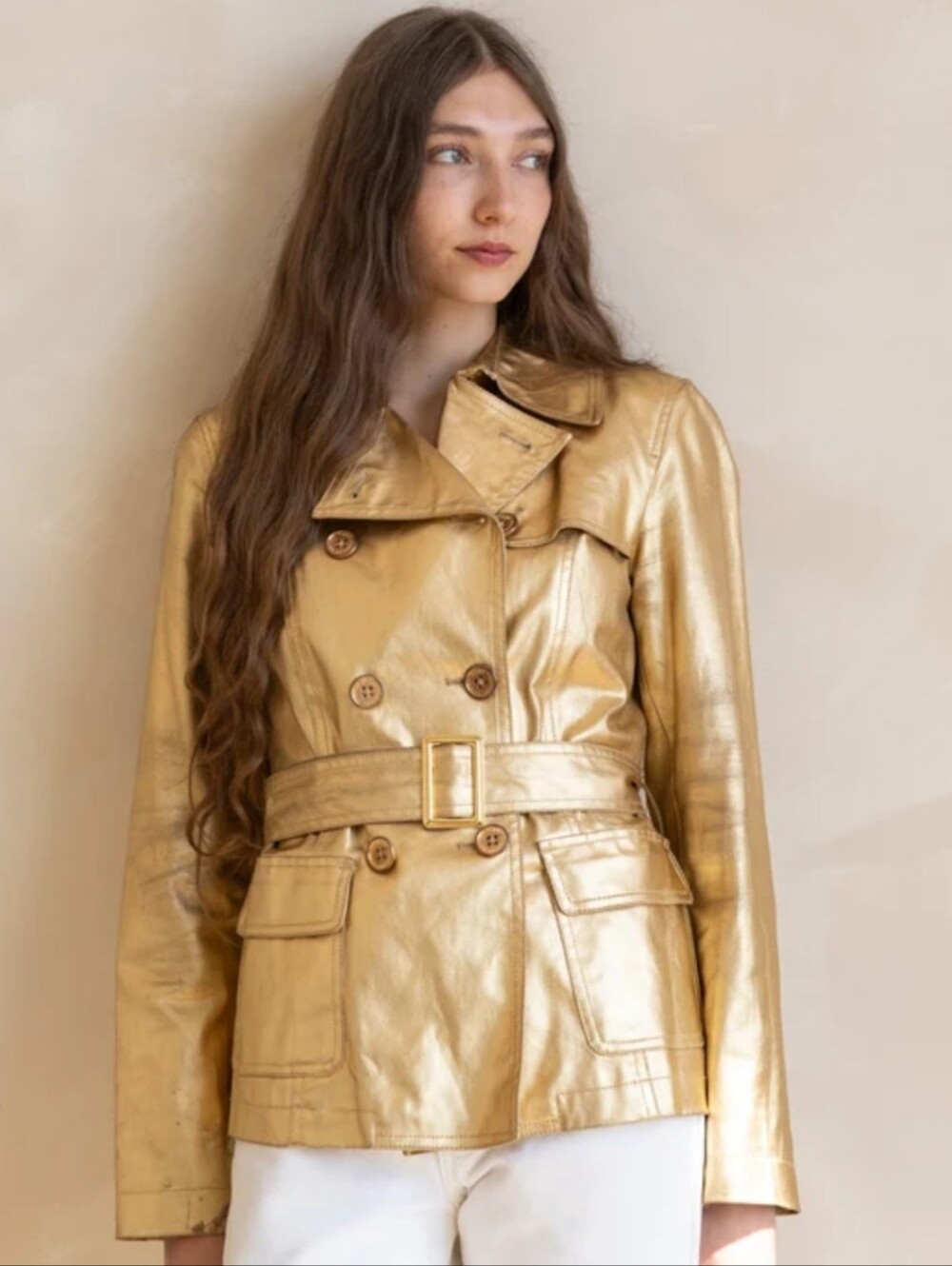 Vintage Lauren Ralph Lauren Metallic Twill Trench Coat Double Breasted Sz XL